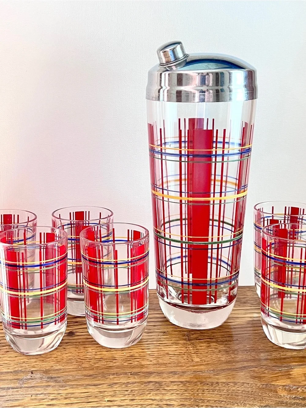 Vintage Red Plaid Glass Cocktail Shaker Set